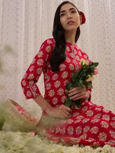 Indo Era Floral Printed Mandarin Collar Three-Quarter Sleeves Kurta