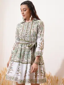 Vishudh Green Floral Printed Puff Sleeve Tie-Ups Fit & Flare Dress With Belt