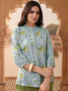 Vishudh Floral Print Mandarin Collar Shirt Style Top