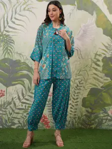 Vishudh Turquoise Blue Ethnic Motifs Printed Pure Cotton Top With Trousers & Shrug