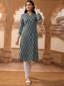 Vishudh Geometric Printed Mandarin Collar Straight Kurta