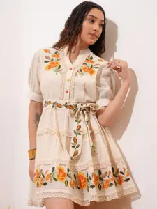 Vishudh Floral Embroidered Puff Sleeves Fit & Flare Dress