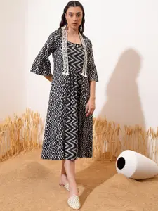 Vishudh Black Geometric Printed Gathered Cotton Midi A-Line Dress With Shrug