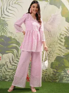 Vishudh Pink  & White Embroidered Pure Cotton Top & Trouser Co-Ords