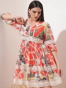 Vishudh White Ethnic Motifs Printed Gathered Cotton Fit & Flare Dress