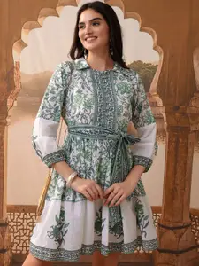 Vishudh Ethnic Motifs Printed Puff Sleeves Fit & Flare Dress