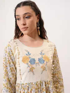 Vishudh Yellow Floral Printed Cotton A-Line Dress