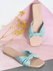 DressBerry Blue Textured Open Toe T-Strap Flats