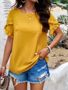 all about you Yellow Self Design Round Neck Top