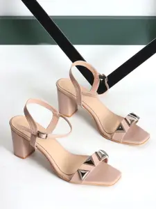 DressBerry Nude Coloured Embellished Block Heels