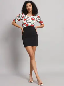 Dream Beauty Fashion Floral Printed Puff Sleeves V-Neck Casual Top With Skirt