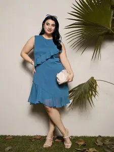 CURVE BY KASSUALLY Plus Size Blue Ruffled Chiffon Fit & Flare Dress