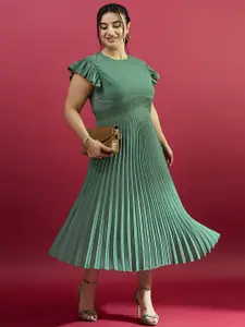 CURVE BY KASSUALLY Plus Size Green Flutter Sleeve Accordion Pleated Fit & Flare Midi Dress