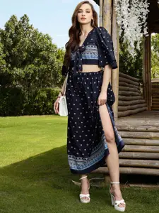 Sera Navy Blue Ethnic Motifs Printed V-Neck Flared Sleeves Crop Top With Skirt