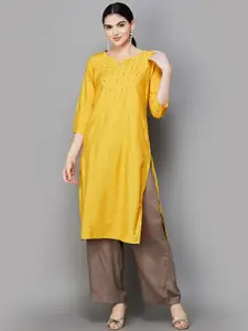 Melange by Lifestyle Notched Neck Ethnic Embroidered Straight Kurta
