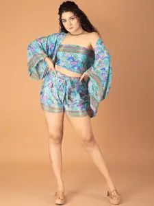 Boholyfe Printed Strapless Casual Tube Top With Shorts & Shrug