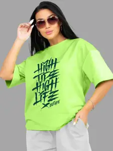 Leotude Typography Printed Drop-Shoulder Sleeves Oversized T-shirt