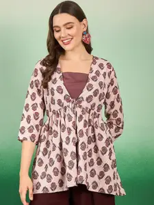 Sangria Brown Floral Printed Gathered Cotton Empire Top