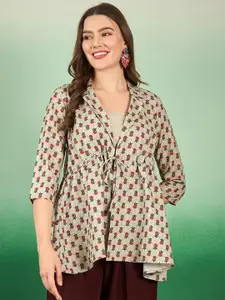 Sangria Green Floral Printed Shirt Collar Gathered Cotton Empire Top