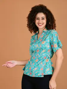 Boholyfe Floral Print Shirt Collar Short Sleeves Wrap Top