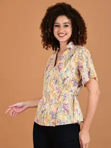 Boholyfe Floral Printed Short Sleeves Shirt Collar Wrap Top