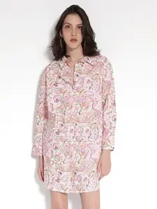 RAREISM Shirt Collar Long Sleeves Floral Print Shirt Mini Dress