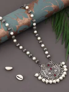 Anvik Brass Silver-Plated Oxidised Beaded & Stone Studded Necklace