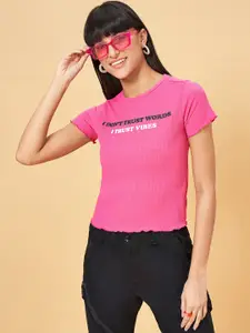People Pink Ribbed Typography printed Round Neck Slim Fit Casual T-shirt