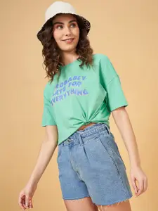 People Green Typography Printed Extended Sleeves Pure Cotton Casual Boxy T-shirt
