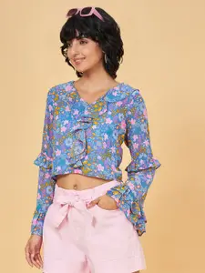 People Blue Floral Printed V-Neck Ruffles Casual Top