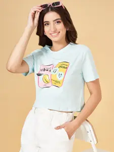 People Blue Graphic Printed Pure Cotton Casual Boxy Crop T-shirt