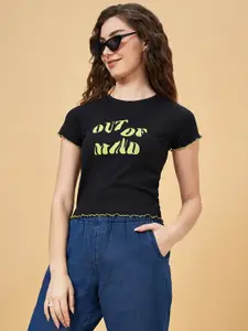 People Black Ribbed Typography Printed Slim Fit Casual T-shirt