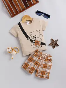 Moms Love Infant Boys Cotton Printed T-shirt with Checked Shorts