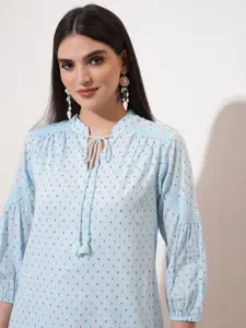 Vishudh Blue Polka Dot Print Tie-Up Neck Cotton Shirt Dress