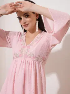 Vishudh Pink Floral Yoke Design Flared Sleeves Thread Work Empire A-Line Kurta