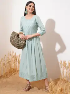 Vishudh Sea Green Ethnic Motifs Printed Cotton Fit & Flare Midi Dress