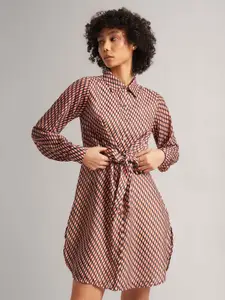 ZACCAI Geometric Printed Cuffed Sleeves Tie-Ups Georgette Shirt Dress
