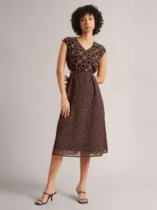 ZACCAI Geometric Print V-Neck Georgette Fit & Flare Midi Dress