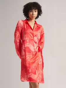ZACCAI Floral Printed Shirt Collar Satin A-Line Dress