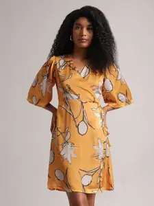 Zaccai Women's Mustard Satin Floral Wrap Mini Dress