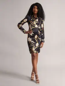 ZACCAI Floral Print Shirt Collar Cuffed Sleeves Tie-ups Satin Sheath Dress