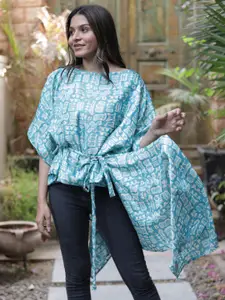 Exotic India Floral Print Bell Sleeve Ruffles Pure Silk Top