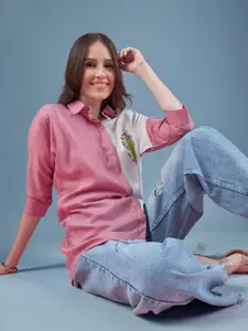 DressBerry Pink & White Boxy Colorblocked Oversized Casual Shirt