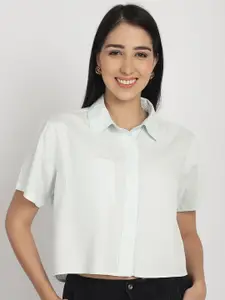 Purple State Spread Collar Short Sleeves Cotton Crop Shirt