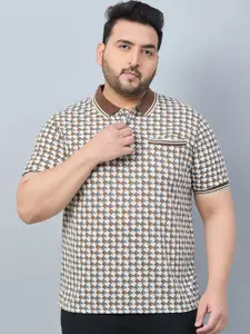 AUSTIVO Plus Size Printed Polo Collar Pockets Cotton T-shirt
