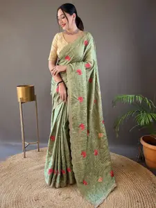 LeeliPeeri Designer Floral Embroidered Silk Blend Tussar Saree