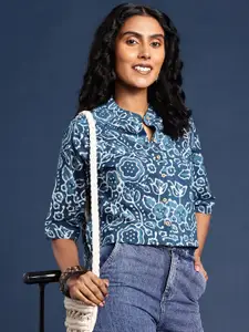 Taavi Floral Handblock Print Mandarin Collar Pure Cotton Shirt Style Crop Top