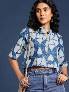 Taavi Print Handblock Abstract Printed Mandarin Collar Pure Cotton Shirt Style Crop Top