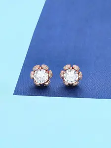 KAI JEWEL 92.5 Sterling Silver Rhodium-Plated Cubic Zirconia Studded Floral Studs Earrings