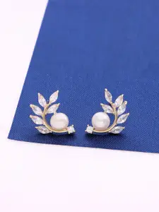 KAI JEWEL Rhodium-Plated 92.5 Sterling Silver Leaf Shaped Studs Earrings